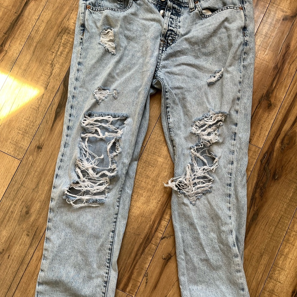 Distressed Light Blue Straight Leg Jeans